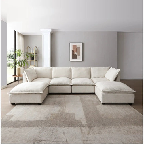 Canapé d'angle modulaire en lin avec pouf convertible