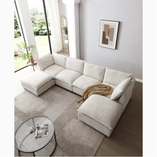 Canapé d'angle modulaire en lin avec pouf convertible